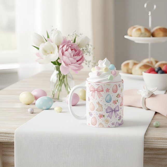 Café Em Dois Tons Caneca de Páscoa Coquette Bunny & Laços Rosa (Coquette Bunny & Pink Bows Easter Mug)