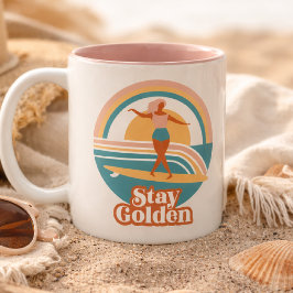 Café Em Dois Tons Caneca de Surf Retrô Fique Dourada Boho Costeira