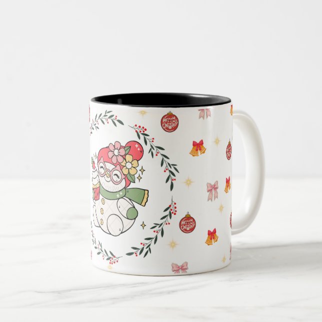 Café Em Dois Tons Caneca do Natal Bonito com Boneco de Neve e Grinal (Frente Esquerda)
