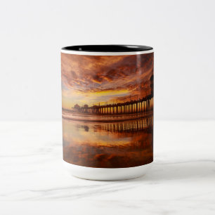 Café Em Dois Tons Caneca do Pôr do Sol no Pier de Huntington Beach -