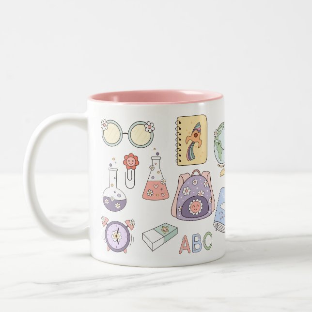 Café Em Dois Tons Caneca do Primeiro Dia de Aula – Ícones Fofos de S (Esquerda)