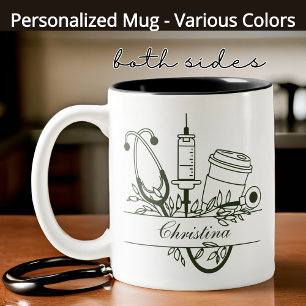 Café Em Dois Tons Caneca Floral Monograma de Enfermeira Personalizad
