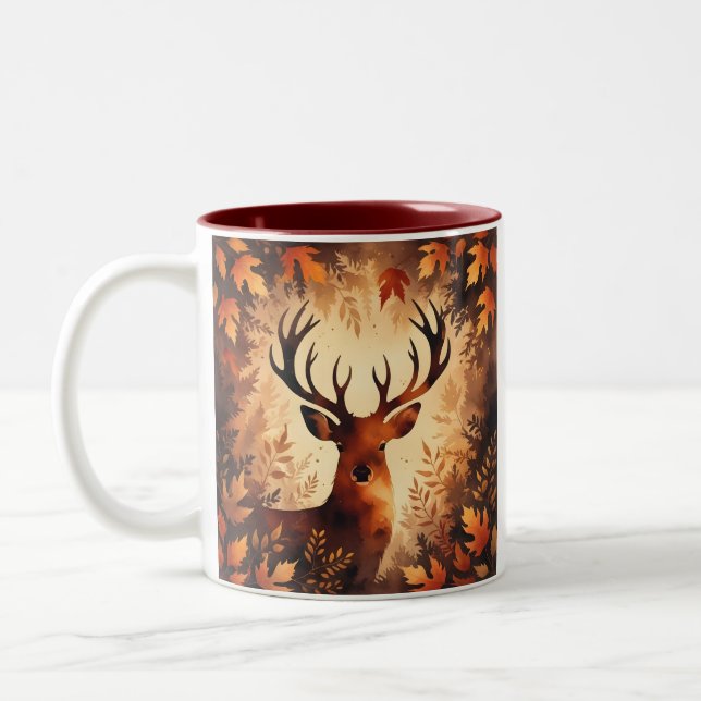 Café Em Dois Tons Caneca Floresta Outonal de Veado Majestoso (Esquerda)