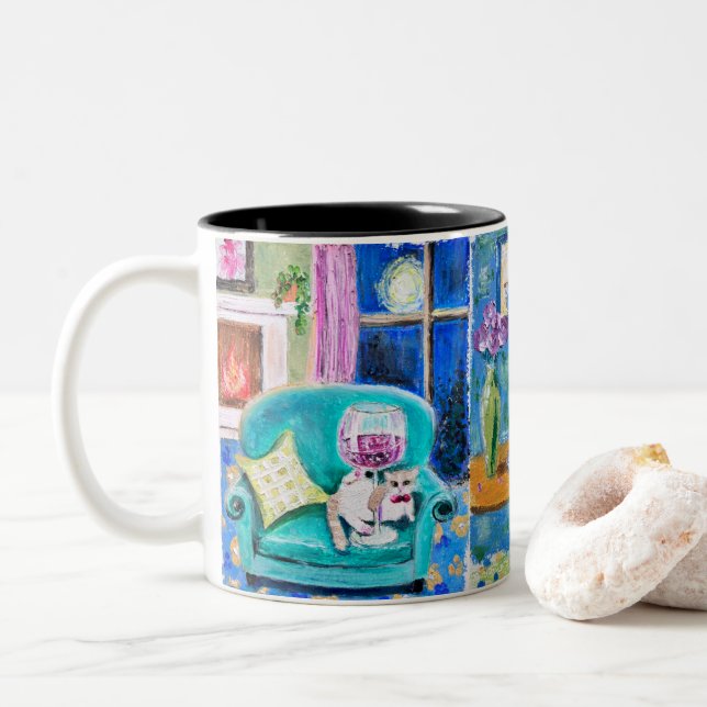 Café Em Dois Tons Caneca impressa com arte original de gato desenhad (Com Donut)