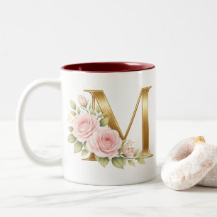 Café Em Dois Tons Caneca M de Monograma Floral de Luxo