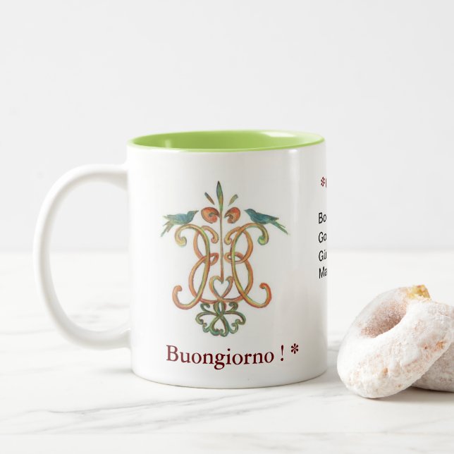 Café Em Dois Tons Caneca multilíngue da manhã do *Good de (Com Donut)