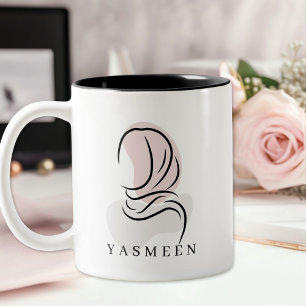 Café Em Dois Tons Caneca Nome Elegante: Arte Linear de Hijab Minimal