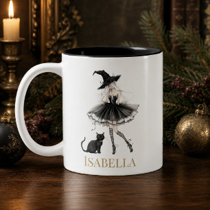 Café Em Dois Tons Caneca Personalizada de Bruxa & Gato Preto com Laç