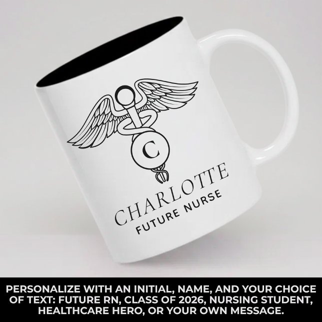 Café Em Dois Tons Caneca Personalizada de Enfermeira Monograma Prese (Personalized RN Mug Monogram Nursing Student Gift, Custom Medical Mug Caduceus Graduation Gift)
