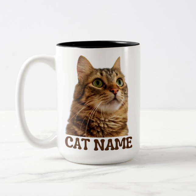 Café Em Dois Tons Caneca Personalizada de Gato com Foto | Nome de Ga (Esquerda)
