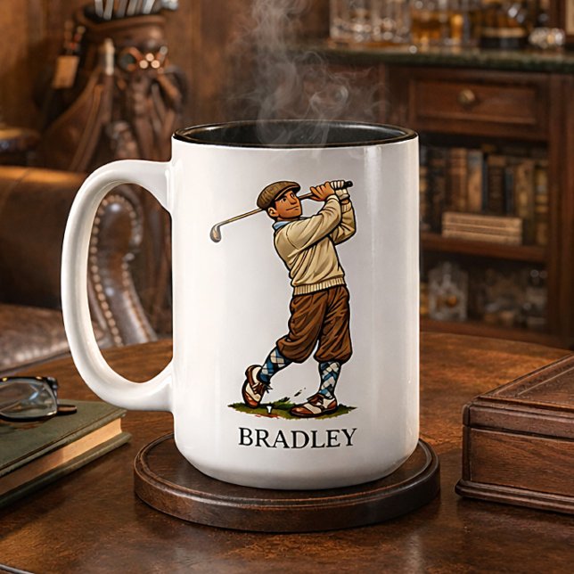 Café Em Dois Tons Caneca Personalizada de Golfe Retro com Nome (Criador carregado)