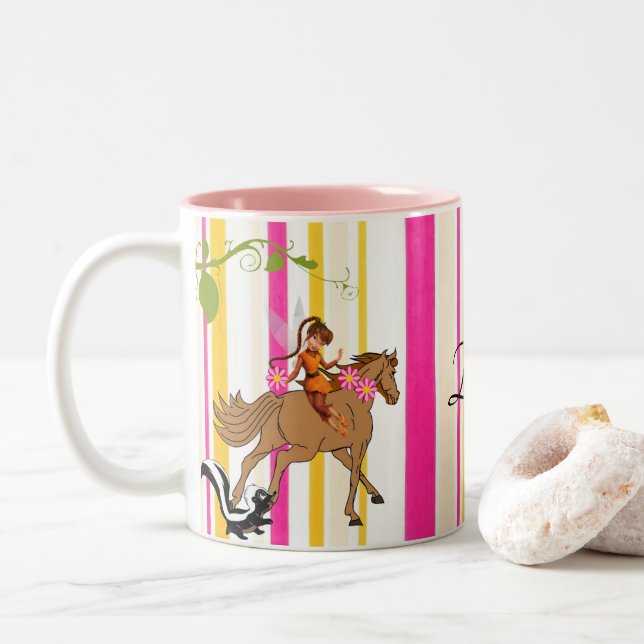 Café Em Dois Tons Caneca Rosa Listra de Gambá Cavalo Fada (Com Donut)