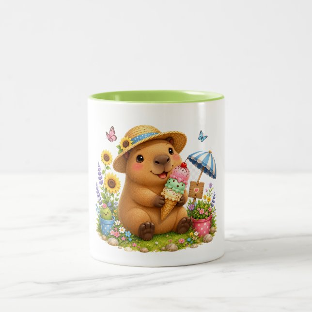 Café Em Dois Tons Capivara de Sorvete | Design de Caneca Fofo Kawaii (Centro)
