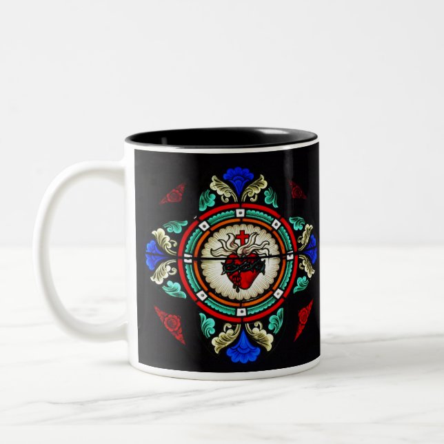 Café Em Dois Tons Corações sagrados da caneca do vitral de Jesus & (Esquerda)