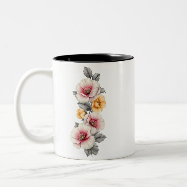 Café Em Dois Tons Design de Caneca Floral Elegante (Esquerda)