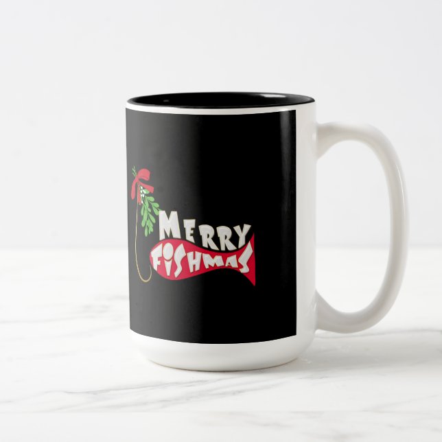 Café Em Dois Tons Feliz Fishmas Engraçado Pescar caneca de Natal (Direita)