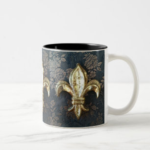 Café Em Dois Tons Flor de lis Dourado na caneca do impressão floral