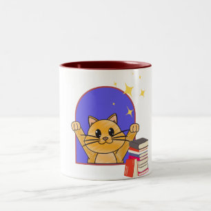 Café Em Dois Tons Gato Bonito Com Caneca De Livros