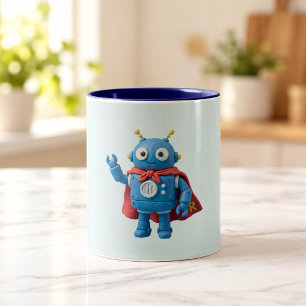Café Em Dois Tons Herói Robô Caneca de Mascote Super-Herói Azul Fo