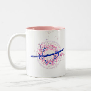 Café Em Dois Tons Katana de Tinta Azul e Caneca de Flor de Cerejeira