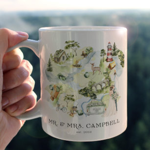 Café Em Dois Tons Mapa de Casamento Aquarela Caneca de Recém-Casad