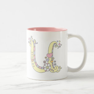 Café Em Dois Tons Monograma decorativo, corações e caneca de flores
