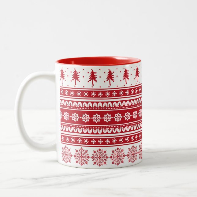 Café Em Dois Tons Padrões vermelhos nórdicos Presente na caneca de N (Esquerda)