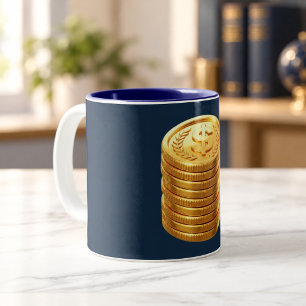 Café Em Dois Tons Pilha de Moedas de Ouro Caneca Azul-Marinho e Do