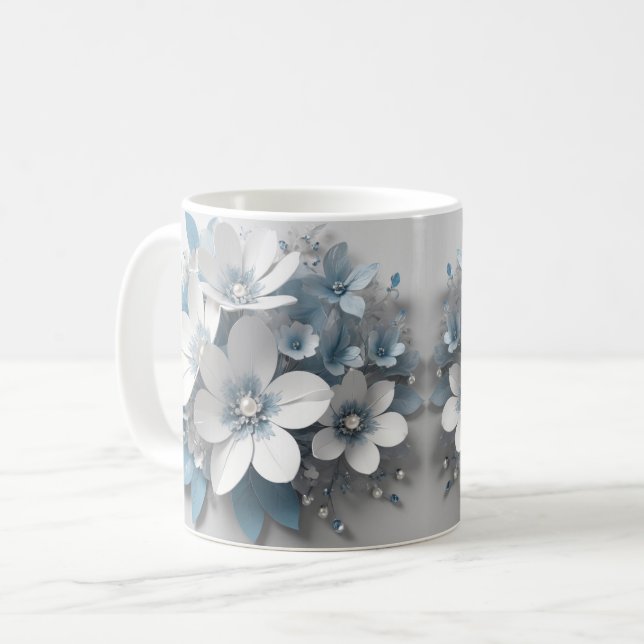 Café embalagem de caneca com flores brancas 3d, caneca  (Frente Esquerda)