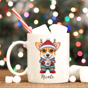 Café Engraçado Corgi Reindeer Na Caneca De Natal