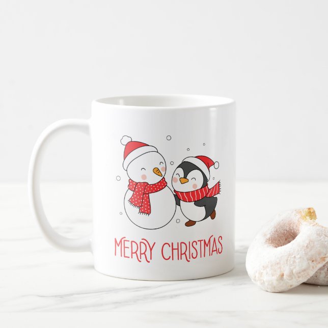 Café Feliz boneco de neve e pinguim, caneca de Natal (Com Donut)