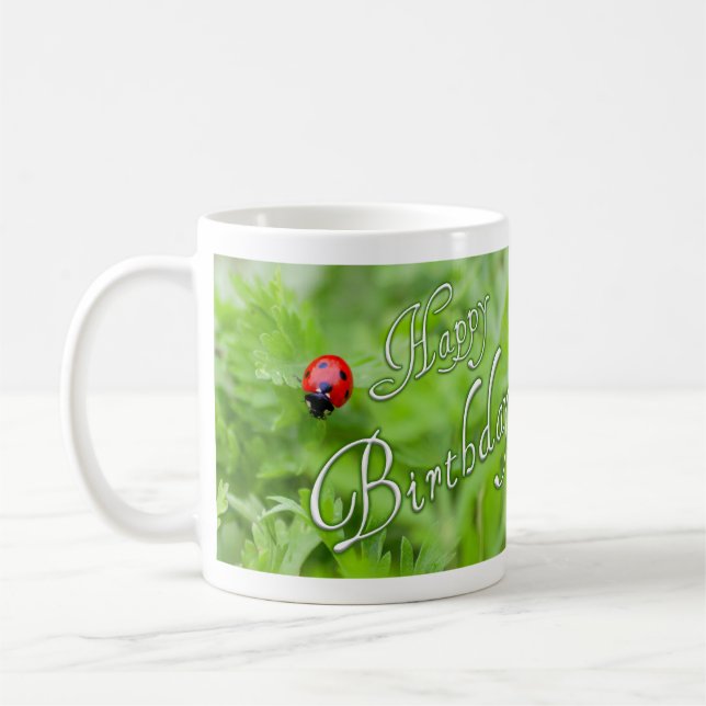 Café Feliz caneca de aniversário com uma joaninha! (Esquerda)