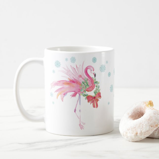 Café Flamingo Rosa-Rosa, Única Caneca de Natal Tropical (Com Donut)