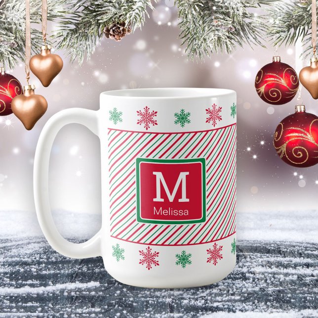 Café Flocos de neve e tiras Monograma Caneca de Natal (Criador carregado)