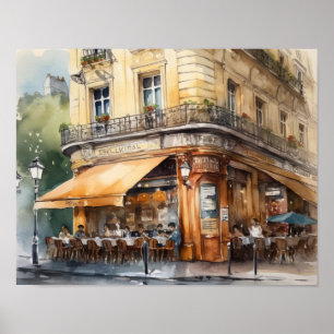 Café francês Watercolor Landscape Art Impressão