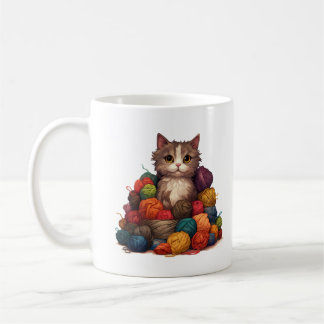 Café Gatinho na caneca de tricô com pilha de fios
