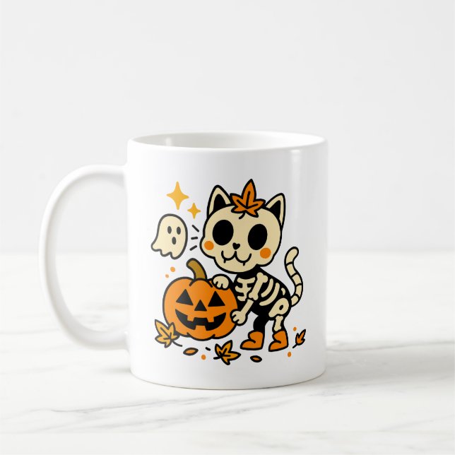 Café Gato Esqueleto Fofo com Caneca de Abóbora (Esquerda)