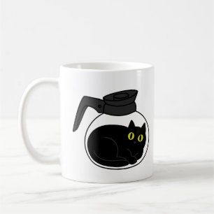 Café Gato Preto Curioso em Caneca de Cafeteira