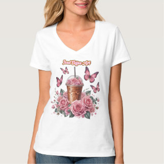 café gelado com T-Shirt rosa rosas