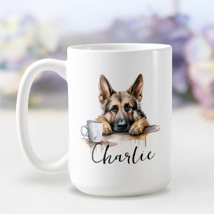 Café German shepherd com caneca de café, cão com atitud