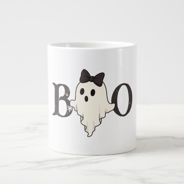 Café Grande Bela caneca de Halloween - Fantasma "Boo" com Arco (Frente)