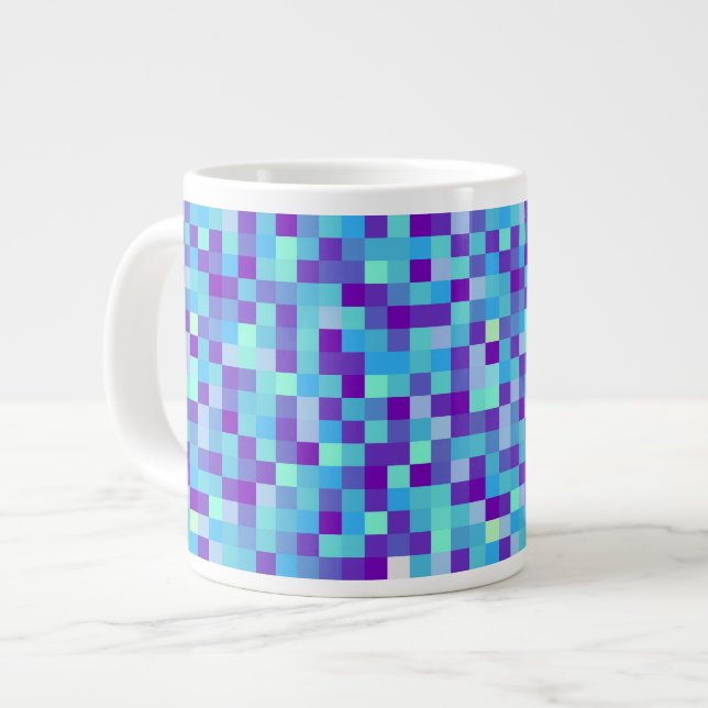 Café Grande Caneca com padrão de pixel azul e roxo (Frente Esquerda)