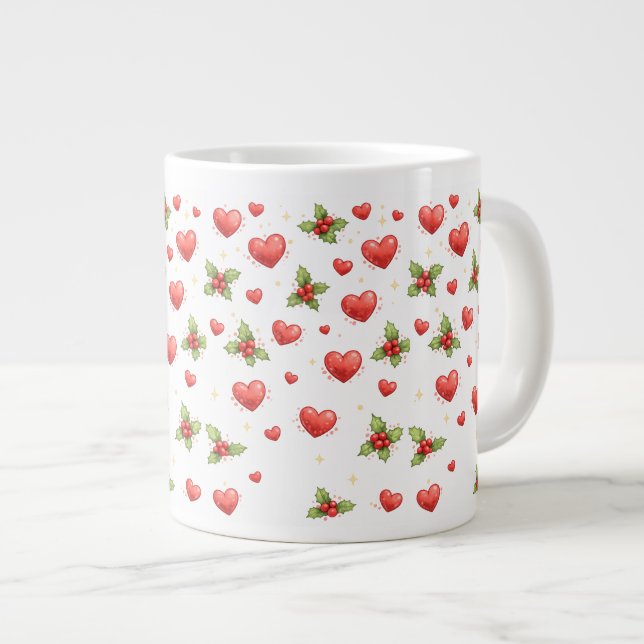 Café Grande Caneca Corações de Natal & Azevinho (Frente Esquerda)