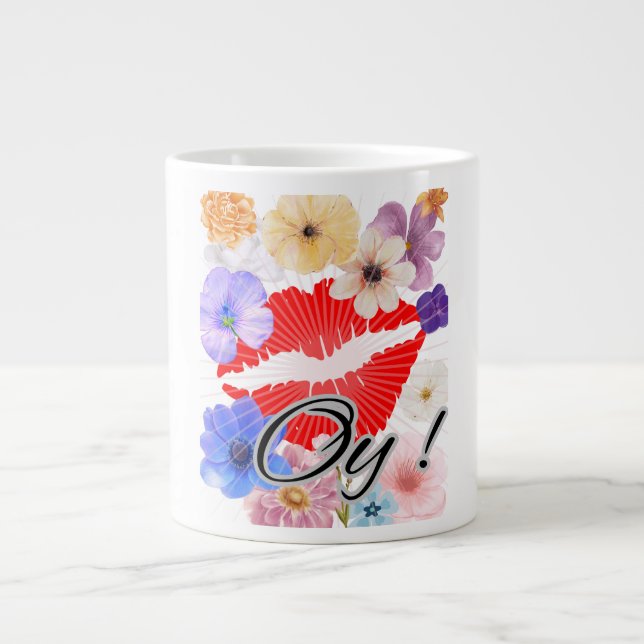 Café Grande caneca de café: lábios e flores (Frente)