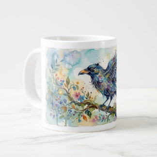 Café Grande Caneca de Corvo Abstrata e Caprichosa em Aquarela