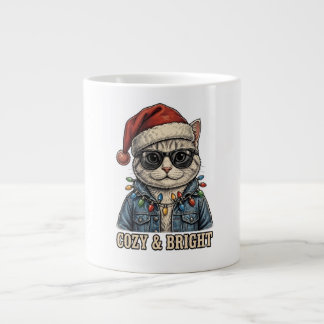 Café Grande Caneca de Gato de Natal Aconchegante e Brilhante