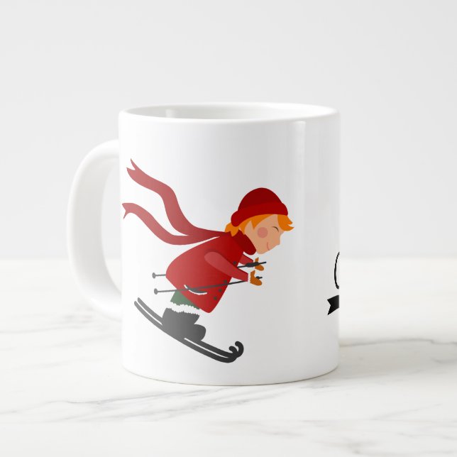 Café Grande Caneca de Natal com Arte de Esqui Infantil (Frente Esquerda)