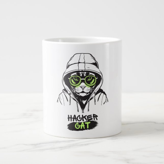 Café Grande Caneca de Tecnologia Engraçada Hacker Gato Ciber G (Frente)