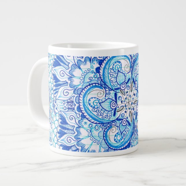 Café Grande caneca design de mandala azul (Frente Esquerda)