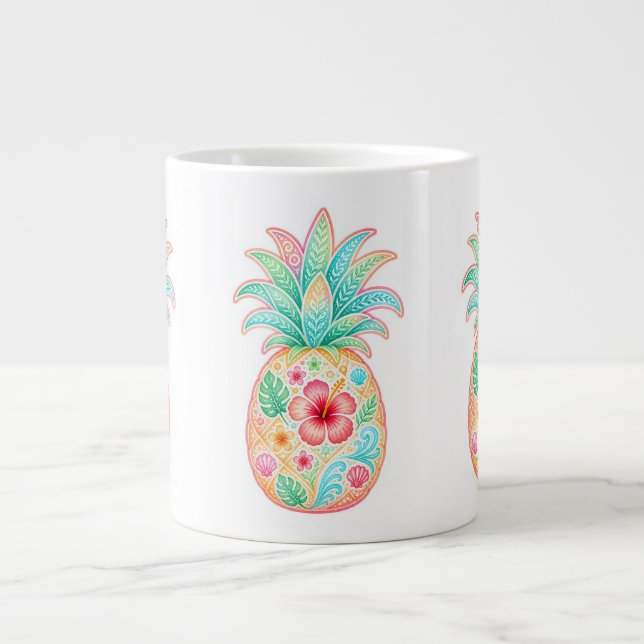 Café Grande Caneca Floral de Abacaxi Tropical (Frente)